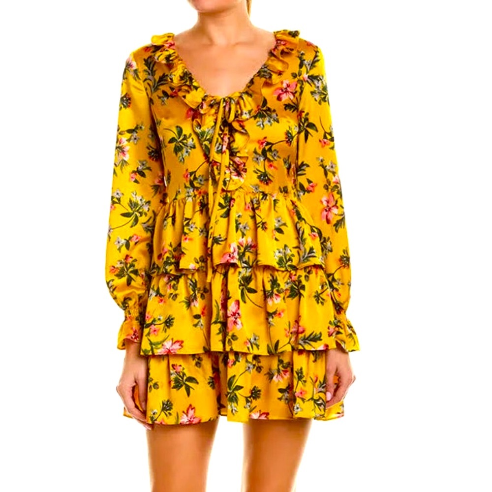 Avec Les Filles Yellow Floral Tiered Mini Dress